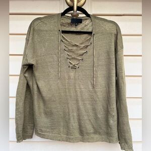 Nili Lotan Tribeca Design Studio mustard V-neck w/tassel 100% linen blouse, XS